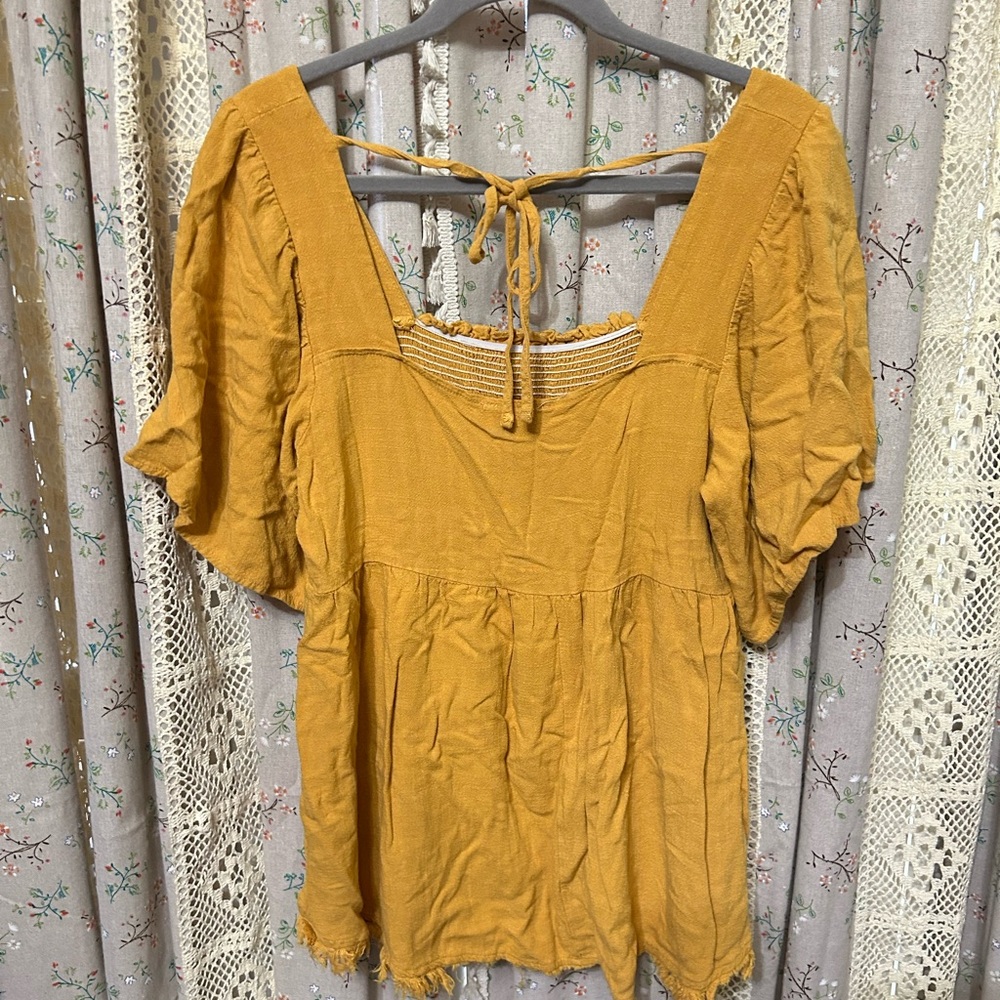 Umgee Mustard Smocked Linen Blend Boho Blouse L - Picture 5 of 5